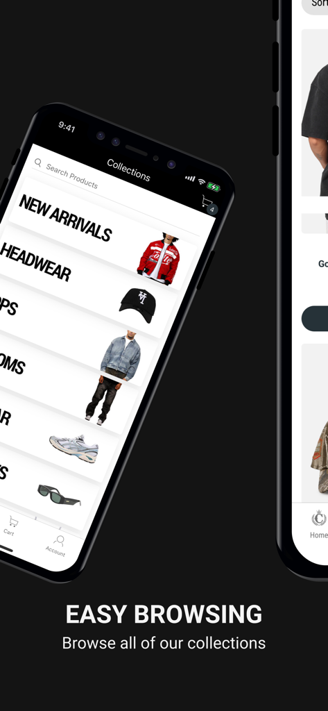 Culture Kings mobile app screen showing clothing collections like new arrivals and headwear with a sleek dark interface
