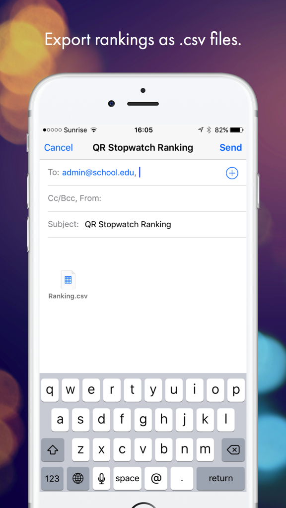 Interface showing the email export of a QR Stopwatch ranking file in CSV format