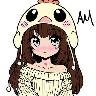 anime girl with chick shaped hat with sweater with bare shoulders with bangs covering them one eye with low tail