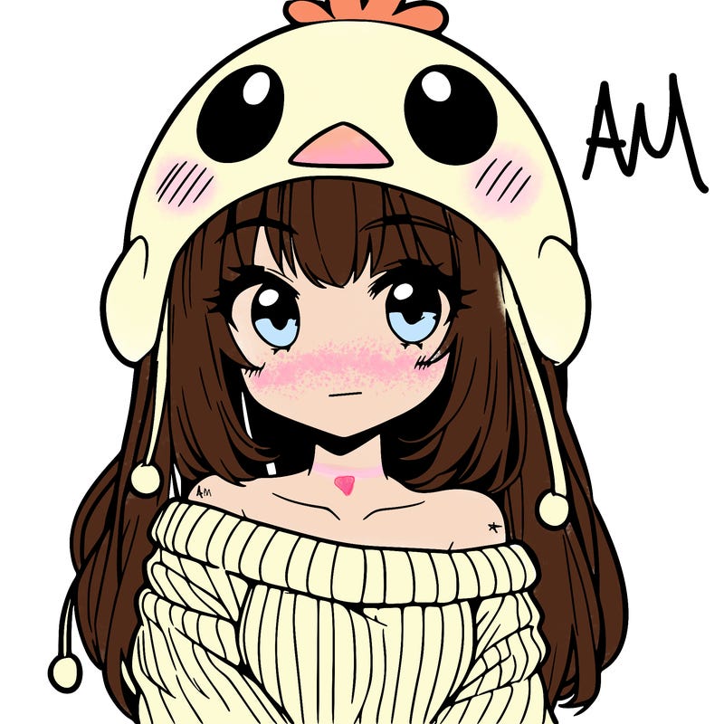 anime girl with chick shaped hat with sweater with bare shoulders with bangs covering them one eye with low tail