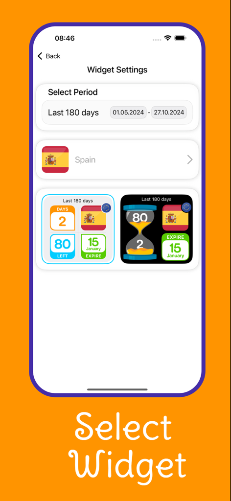 Nomad app widget settings screen showing customizable widgets for tracking travel stay limits in Spain