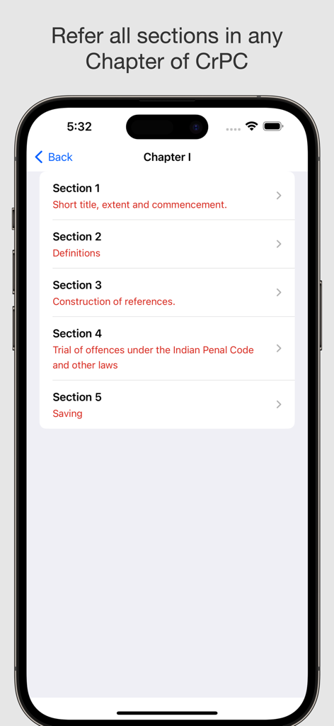 CrPC - Criminal Procedure Code - Indian Criminal Procedure Code app showing legal sections in Chapter One