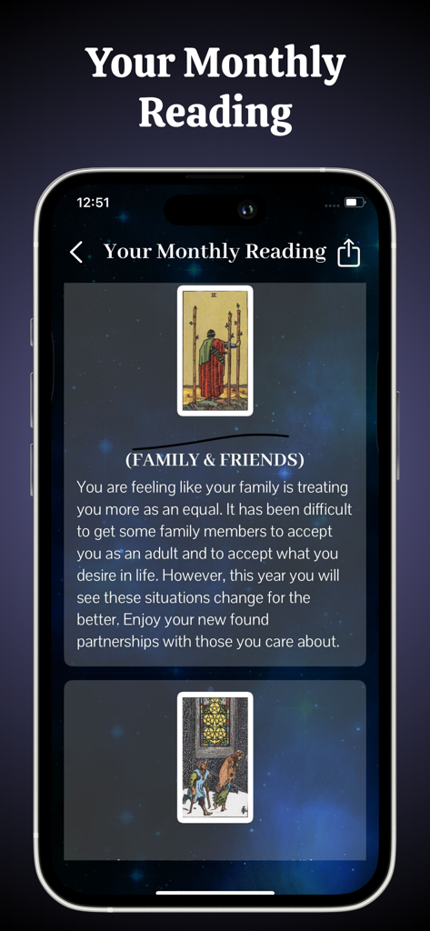 Tarot Card Reading: Yes or No - Schermata dell'app tarocchi che mostra una lettura mensile per famiglia e amici con interpretazioni delle carte.