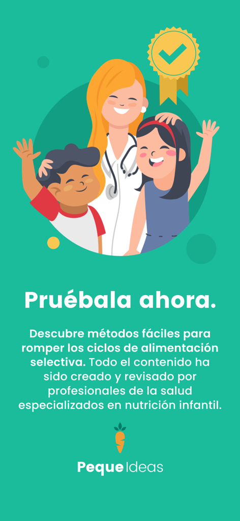 Illustration d'une pédiatre avec deux enfants heureux et un sceau de qualité or promouvant des stratégies de nutrition infantile dirigées par des experts.