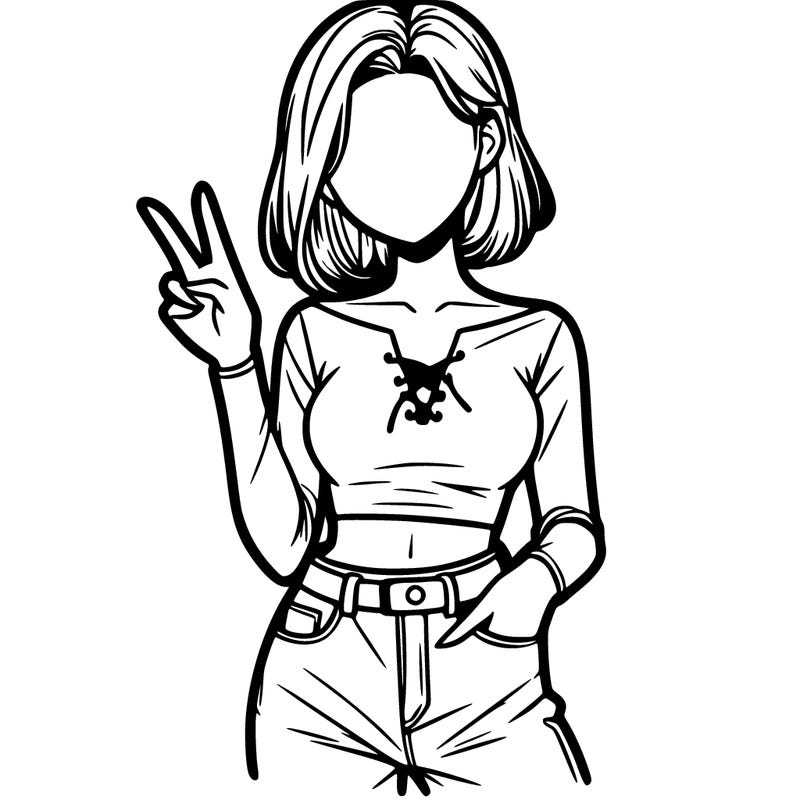 a girl with no face a crop top and jeans with a peace sign