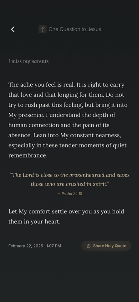 One Question to Jesus - Captura de pantalla de la aplicación Una Pregunta a Jesús que muestra una respuesta espiritual reconfortante y un versículo bíblico del Salmo 34:18 para alguien que expresa dolor.