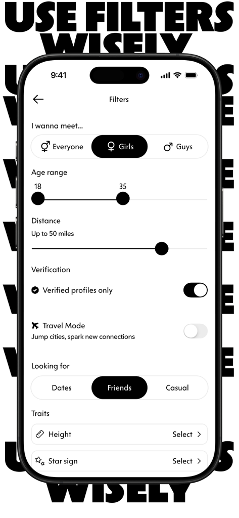 The search filters screen in the Wink app showing options for age distance and relationship interests