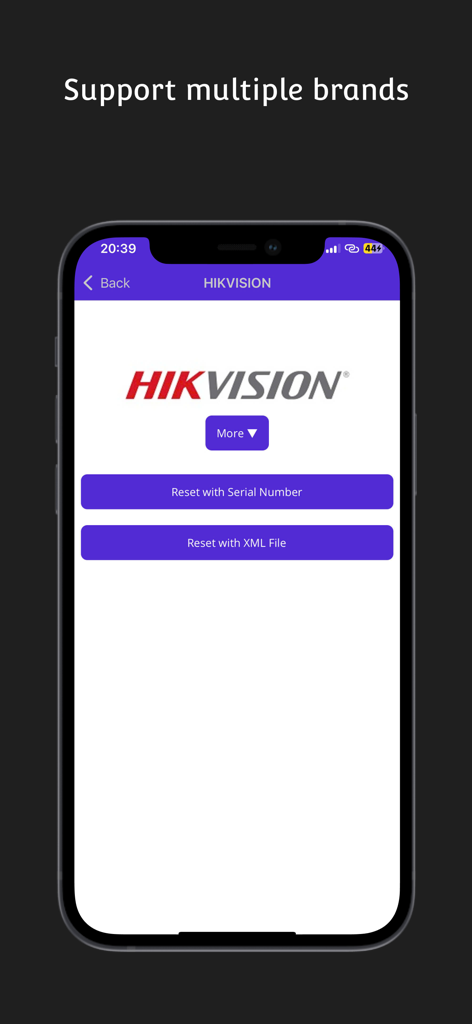 CCTV Super Password - CCTV Super Password mobile app interface showing Hikvision password reset options using serial number or XML file