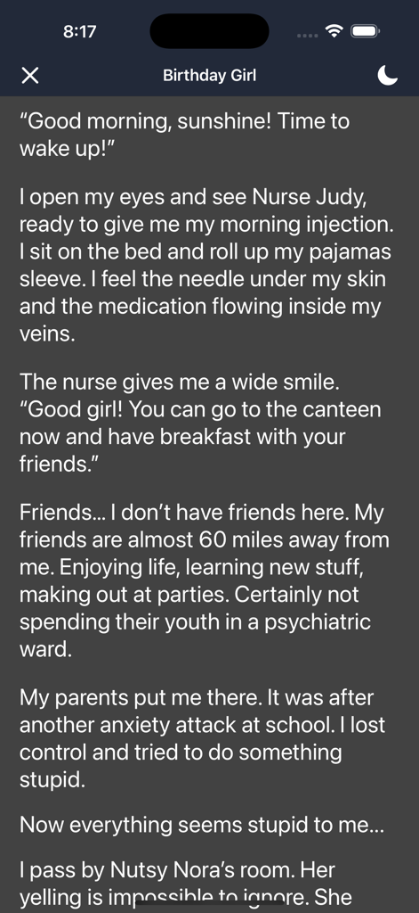 Horror Stories & Scary Stories - A screenshot of a short horror story titled Birthday Girl being read in a dark themed mobile app interface.