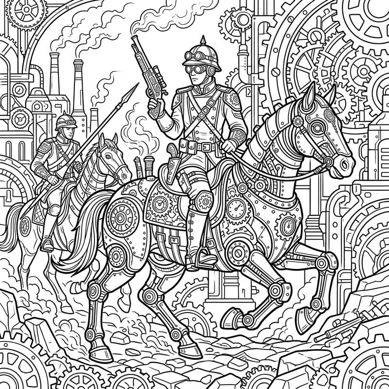 Gallop into an epic adventure with this intricate coloring page featuring Steampunk Cavalry Soldiers. Discover a fantastic blend of Victorian era charm and futuristic mechanical marvels ready for your artistic touch.