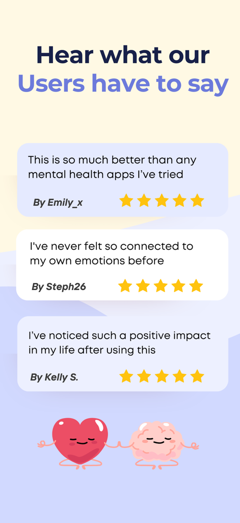 Testimonios de usuarios y reseñas de cinco estrellas para la aplicación de apoyo emocional Vent Now con una ilustración de corazón y cerebro