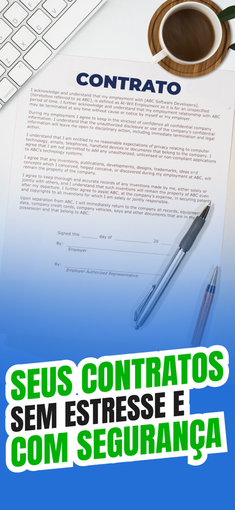 A professional contract document on a desk with a keyboard and coffee cup illustrating stress-free legal document creation