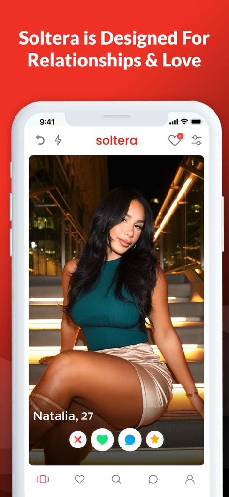 A profile screen on the Soltera dating app showing a Latina woman named Natalia with a headline about relationships and love