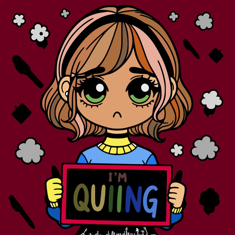 a girl holding a sign saying i'm quitting