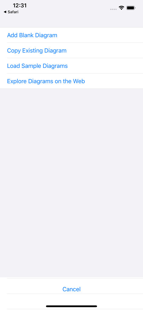 Sankey Diagram - Sankey Diagram app start menu with options to add a blank diagram or load sample diagrams
