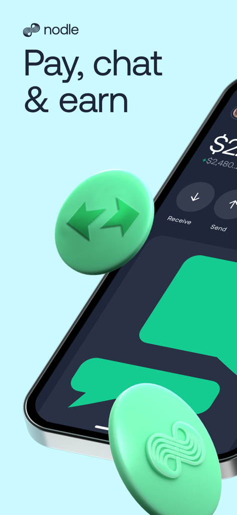 Nodle app screen displaying pay chat and earn features with a mobile crypto wallet interface