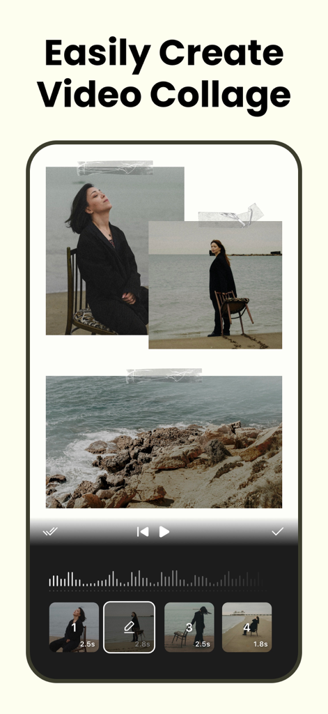 Reels Editor, AI Video: inMelo - Aesthetic video collage editor interface in the inMelo app showing photos arranged in a scrapbook style with tape effects.