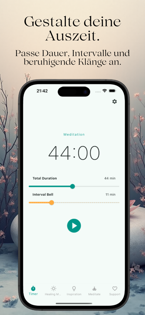 Meditation Gong - Pantalla de smartphone mostrando la aplicación Gong de Meditación con temporizador y ajustes personalizables de duración e intervalos de campana.