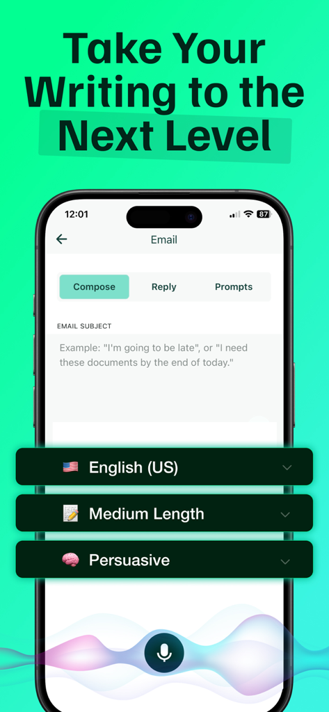 Texting AI Message Generator - Interface of the AI Email Writer app showing email composition options with persuasive tone and English language settings.