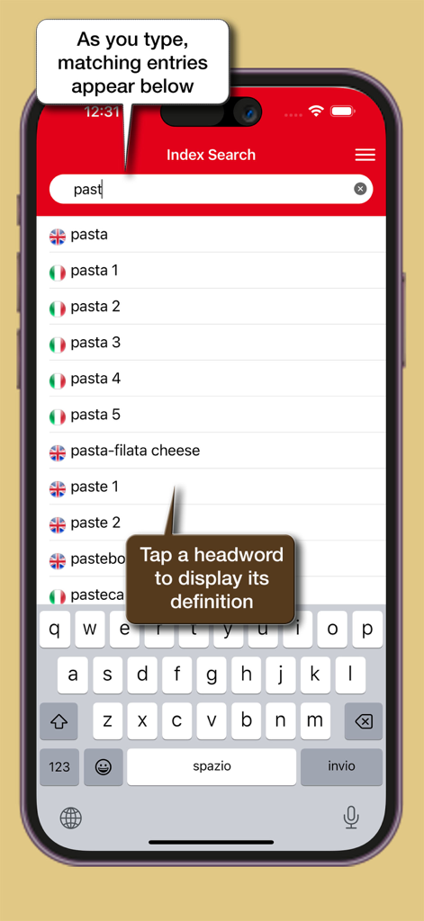 Dizionario di Gastronomia - La pantalla de búsqueda del índice de la aplicación Dizionario di Gastronomia que muestra resultados de búsqueda culinaria para el término 'pasta'.