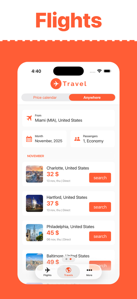 App-Bildschirm mit günstigen Flugangeboten von Miami über die 'Überall'-Suchfunktion