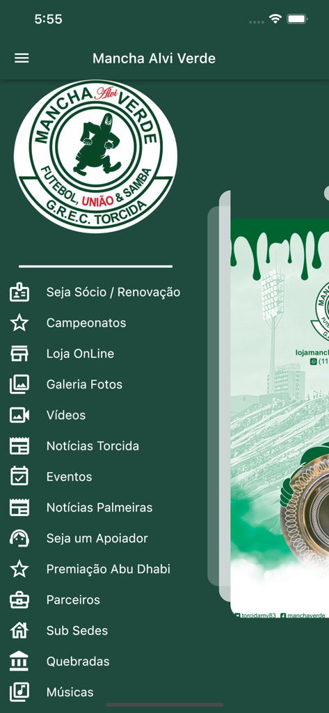 Official Mancha Alvi Verde app main menu featuring membership and news options