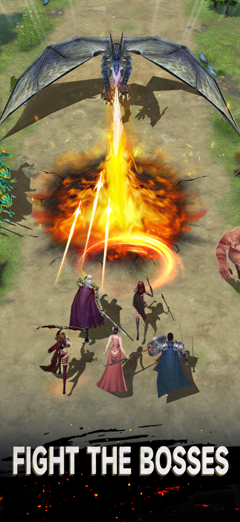 Last Land: War of Survival - A group of legendary heroes battling a massive fire-breathing dragon boss in Last Land War of Survival.