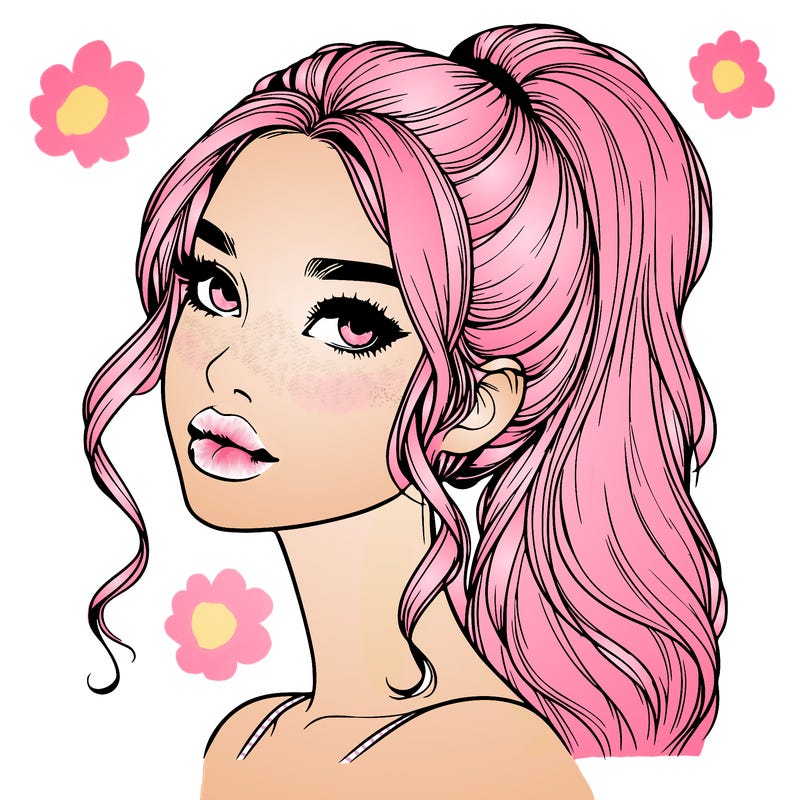 realistic girl with a ponytail on her hair and lips