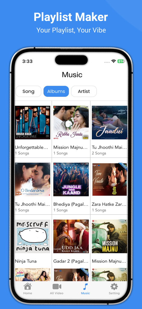 MX Video Player – All in One - MX Video Player app showing the playlist maker music library with album covers