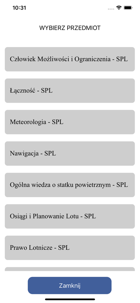 Selection screen for pilot license exam subjects including meteorology and navigation