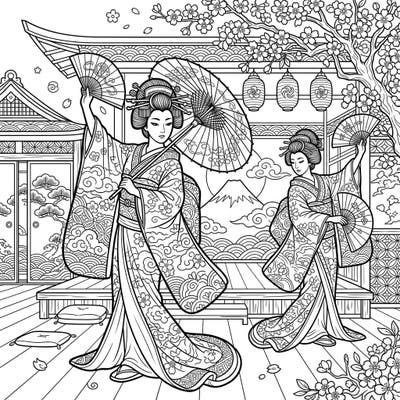 Step into a world of elegance with this stunning coloring page depicting a traditional Japanese geisha dance. Intricate details of kimonos, fans, and a scenic backdrop invite you to bring this cultural performance to life with your favorite colors.