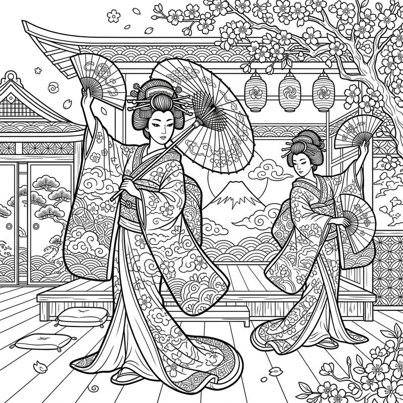Step into a world of elegance with this stunning coloring page depicting a traditional Japanese geisha dance. Intricate details of kimonos, fans, and a scenic backdrop invite you to bring this cultural performance to life with your favorite colors.