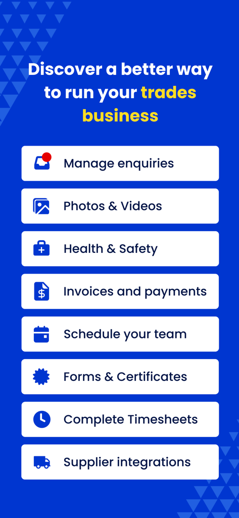 Fergus Go app screen listing features for trades businesses including invoicing scheduling and supplier integrations