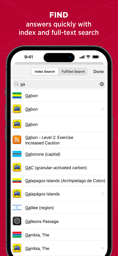 Relief Central - Relief Central app index search interface showing geographic search results.