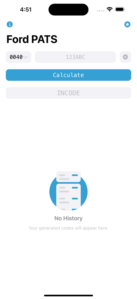 Main interface of Ford PATS Incode Calculator showing input fields for Outcode and Calculate button