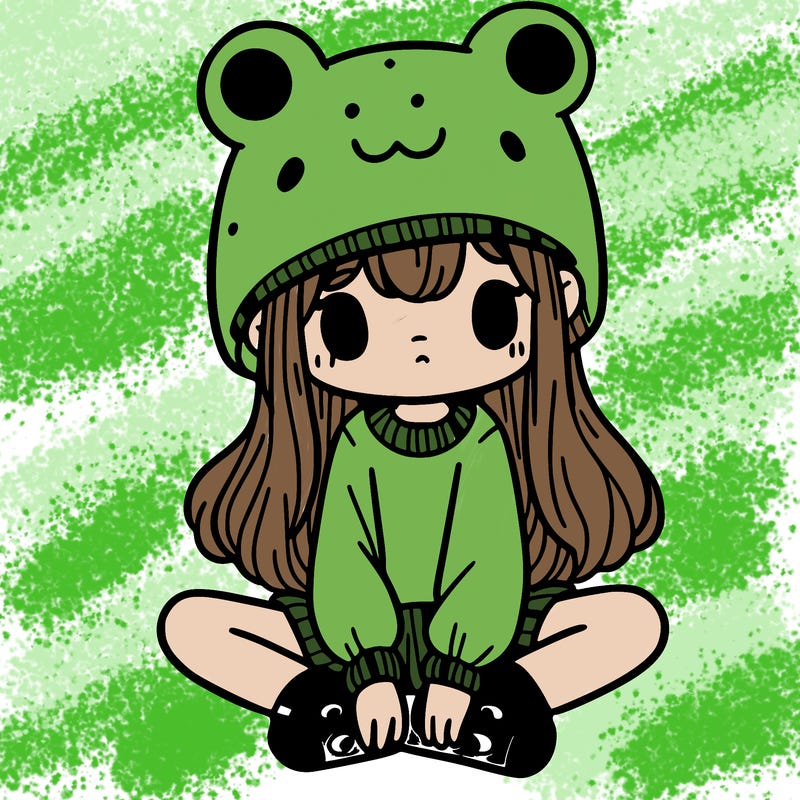 a girl wearing a frog hat and some frog socks