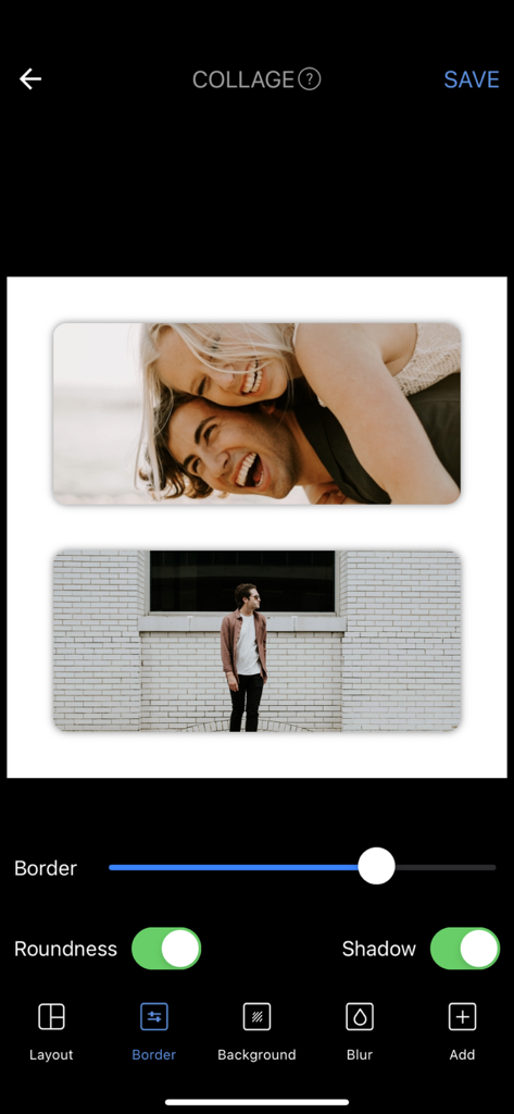 Photo Collage - Photo Editor - Interfaz de usuario de una aplicación de collage de fotos que muestra herramientas de ajuste de redondez y sombra de bordes