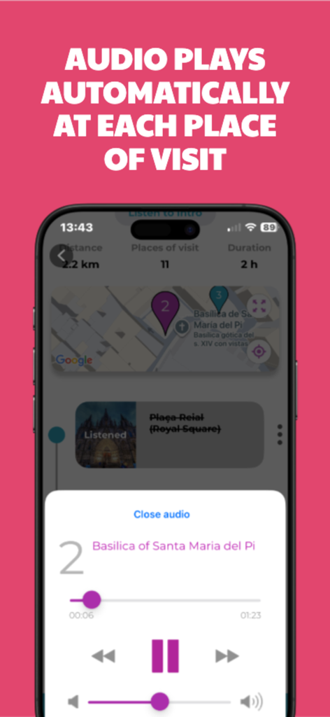 Park Güell Audioguide & Tours - Schermata dell'app audioguida Park Guell che mostra la funzione di riproduzione audio automatica basata sulla posizione GPS presso la Basilica di Santa Maria del Pi