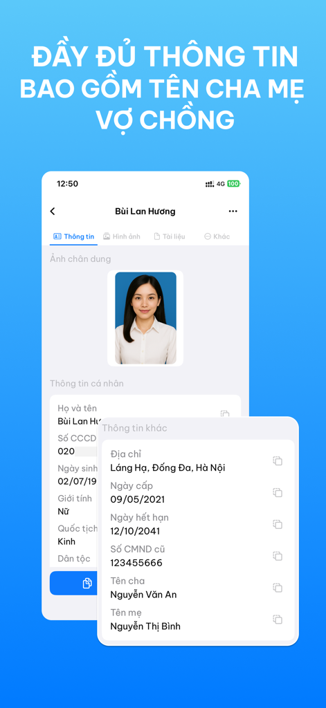 Quét CCCD & Xác thực - Nixtech - 베트남 신분증에서 추출한 개인 및 가족 정보 상세 정보를 보여주는 Nixtech 앱 인터페이스