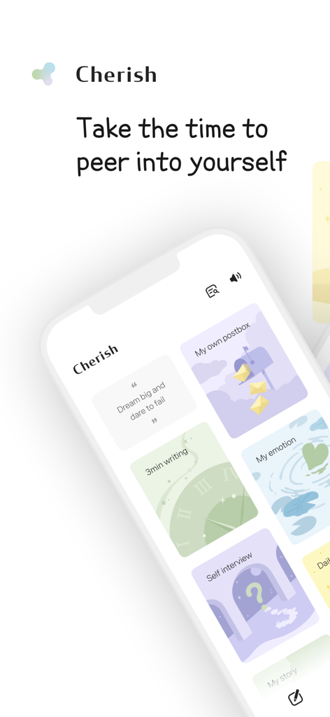 Cherish - diary with 7 formats - Interface of the Cherish diary app showing multiple journaling formats in a cozy aesthetic design