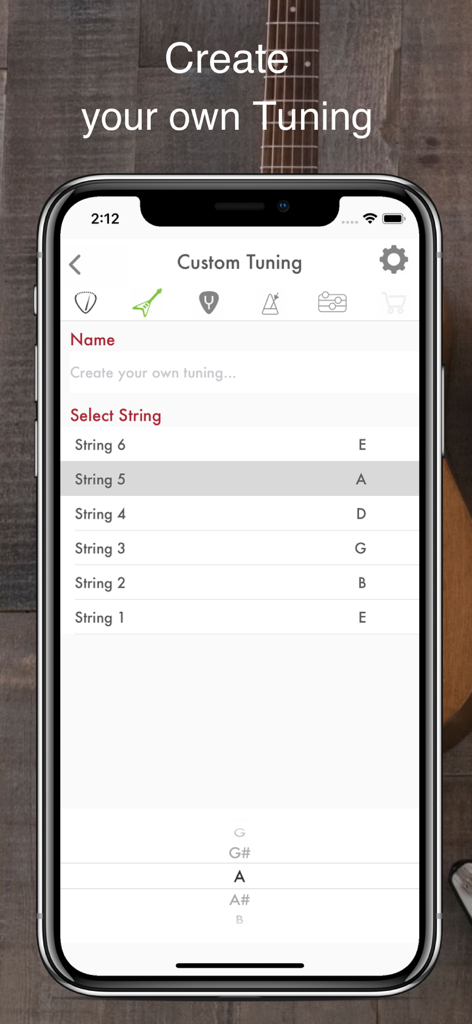 Guitar Tuner: Bass and Ukulele - Tela de smartphone mostrando a interface de afinação personalizada no aplicativo afinador de guitarra para criar afinações de instrumentos personalizadas