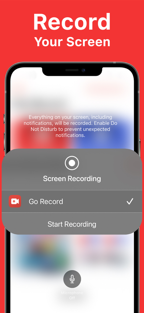 Go Record app interface on an iPhone showing the start recording button for mobile screen capture