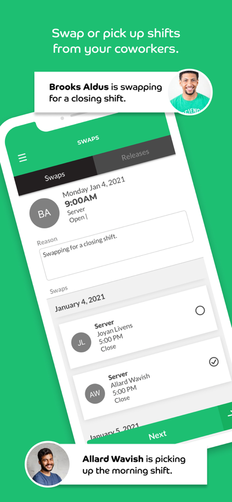 Push Employee app interface showing options to swap or pick up shifts from coworkers