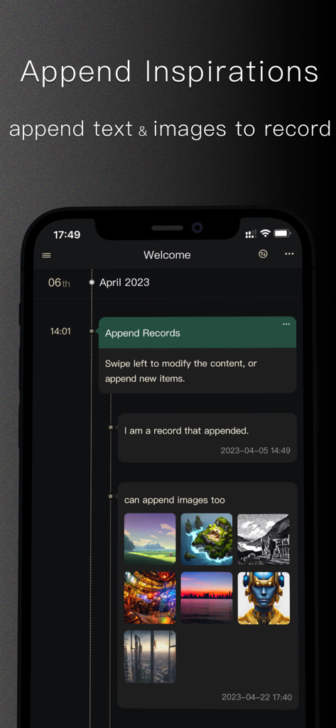 iTimely - Timeline & Milestone - iTimely App-Oberfläche zeigt eine vertikale Timeline im Dark Mode mit angehängten Textnotizen und einer Fotogalerie.