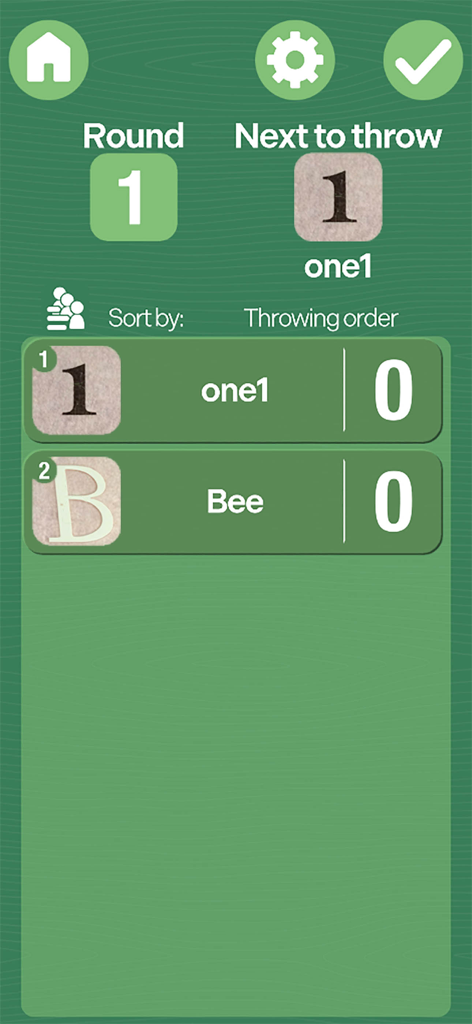 Mölkky® Game Tracker - Interfaccia di punteggio dell'app Molkky Game Tracker che mostra il round corrente e l'ordine di tiro dei giocatori.