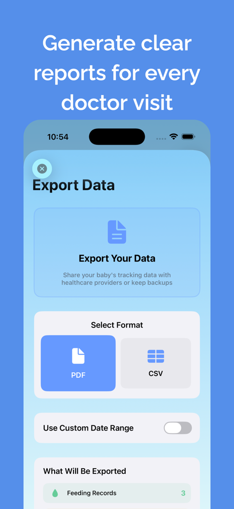 Baby Tracker-Feed & Pump Timer - Interfaccia dell'app baby tracker che mostra come esportare dati in formato PDF o CSV per le visite pediatriche
