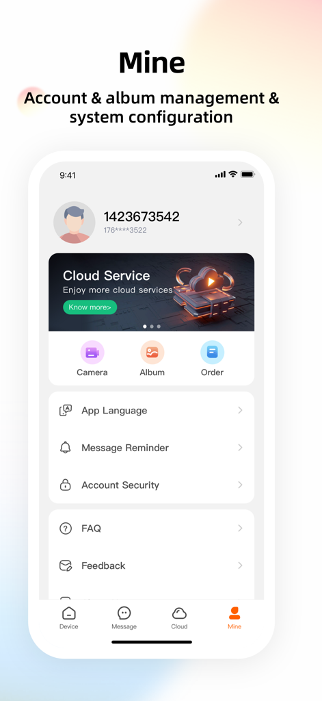 LongVision - LongVision app account management and system configuration screen