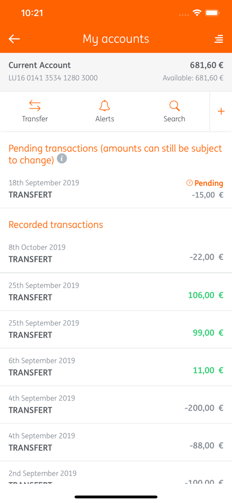 My ING - My ING mobile banking dashboard showing account balance and recent transactions in euros