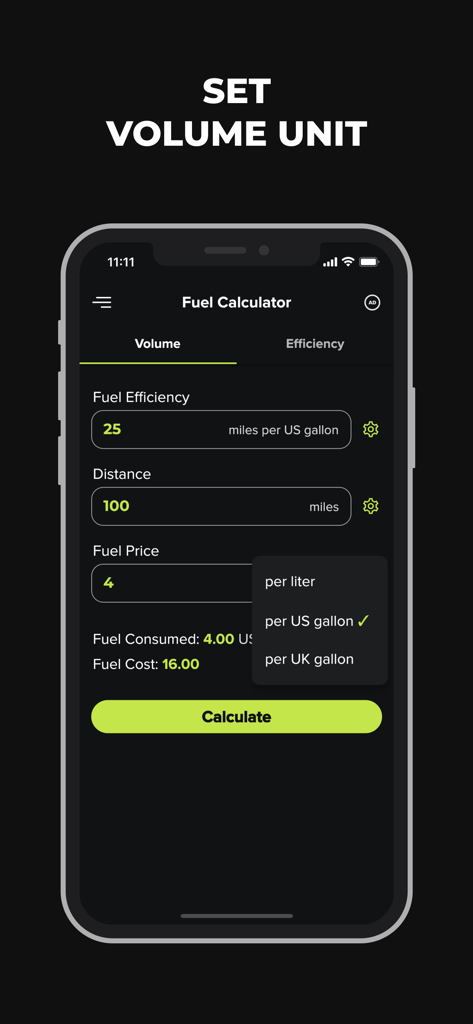 A mobile app interface for setting fuel price units with US gallon selected