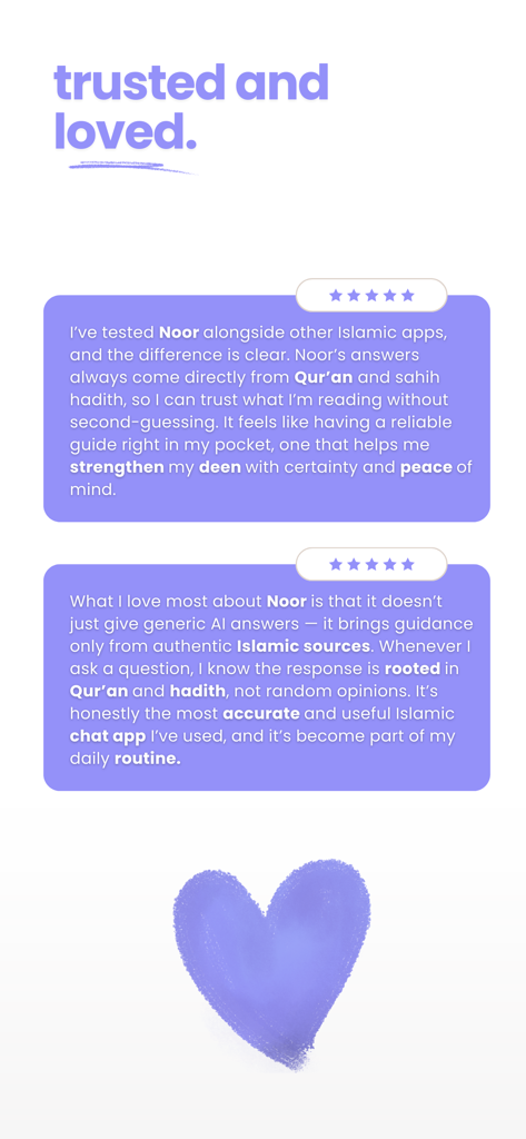 Noor - Quran Companion - Positive five star user reviews for Noor Quran Companion app highlighting trust and authentic Islamic sources